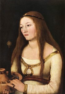 Katharina Schwarz névadó szentjének attribútumaival alkotó: Hans Holbein the Elder