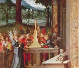 Szűz, gyermek és szentek részlete orgonán játszó angyalokról, 1519 olaj, tölgy