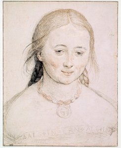 Fiatal nő feje Hans Holbein rajza fém, toll és vér hegyén a régi (1460-1524) 16. századi napról. 0,19x0,15 m Párizs, Musee du Louvre