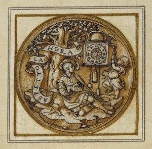 Az idő allegóriája – Medál- vagy kalapjelvény tervezése, 1532-43 körül (toll és tinta papíron) alkotó: Hans Holbein der Jüngere