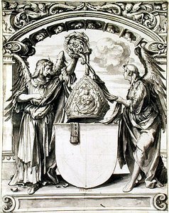 Tervezés egy üvegfestményhez, 1520 körül (toll és szürke mosás fekete krétával papíron) alkotó: Hans Holbein der Jüngere