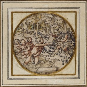 Diana és Actaeon – Medál- vagy kalapjelvény tervezése, 1532-43 körül (toll és tinta papíron) alkotó: Hans Holbein der Jüngere