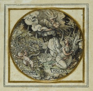 Hágár és Izmael – Medál- vagy kalapjelvény tervezése, 1532-43 körül (toll és tinta papíron) alkotó: Hans Holbein der Jüngere