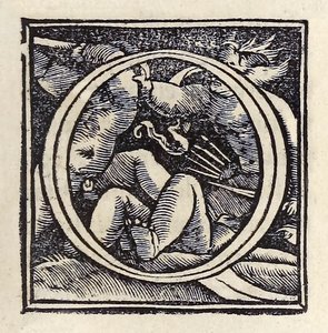 Megvilágított "O" az 1518-as bázeli "Utópia" harmadik kiadásából, Sir Thomas More (1478-1535) először 1516-ban jelent meg. Hans Holbein ifjabb (kb. 1497-1543) fametszete putti harcokat mutat be. alkotó: Hans Holbein der Jüngere