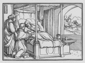 Jákób megtéveszti atyját, és elnyeri az áldást, 1Mózes XXVII, 21. alkotó: Hans Holbein der Jüngere