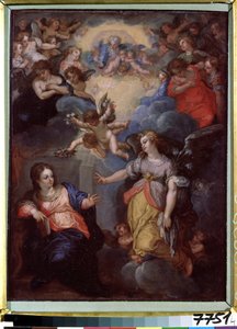 Az Angyali üdvözlet. Hans Rottenhammer Groin (1564-1625) festménye. Olaj, réz, 37 x 21 cm. Német művészet, manierizmus. Lett Köztársaság Állami Külföldi Művészeti Múzeuma, Riga (Lettország).