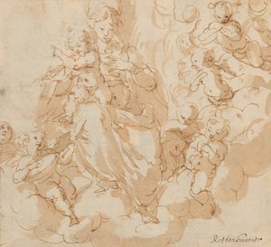 Recto: A Szűz és a Gyermek felhőkön ülve, puttival körülvéve alkotó: Hans I or Johann Rottenhammer
