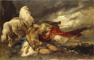Valkyrie et un heros mourant – Valkyrie és egy haldokló hős, Makart, Hans (1840-1884). Olajfestmény. Mérete: 130x200 cm. Nemzeti Múzeum Stockholm alkotó: Hans Makart