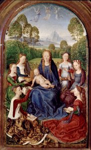 Jean du Cellier diptichonja: Szűz és hat szent (olaj, tábla alkotó: Hans Memling