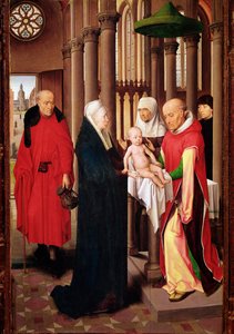 Bemutató a templomban. A Mágusok imádatának triptichonjának jobb oldali táblája (Detrempe, fa, 1470 körül) alkotó: Hans Memling