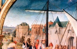 Szent Orsolya-szentély, Indulás Bázelből, Részlet, 1489 alkotó: Hans Memling