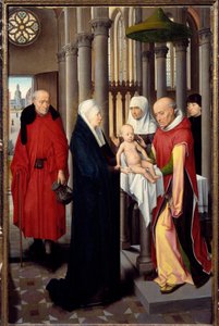 A mágusok imádásának triptichonja. A jobb oldali panel részlete: Bemutató a templomban. Detrempe fán Hans Memling (1433-1494), 1470 körül. Madrid. Prado Múzeum alkotó: Hans Memling