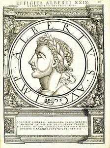 I. Albertus, illusztráció az "Imperatorum romanorum omnium orientalium et occidentalium verissimae imagines ex antiquis numismatis"-ból, Rudolph Wyssenbach fametszete, Andreas Gesner nyomdája, Zürich, alkotó: Hans Rudolf Manuel Deutsch