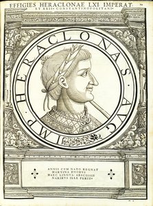 Heraclonas, illusztráció az "Imperatorum romanorum omnium orientalium et occidentalium verissimae imagines ex antiquis numismatis" című kötetből, Rudolph Wyssenbach fametszete, Andreas Gesner nyomdája, Zürich, alkotó: Hans Rudolf Manuel Deutsch