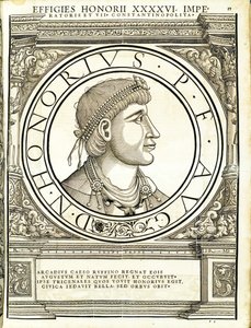 Honorius, illusztráció a „Minden Kelet és Nyugat római császárai” című könyvből, Rudolph Wyssenbach fametszete, nyomta: Andreas Gesner, Zürich, 15 alkotó: Hans Rudolf Manuel Deutsch