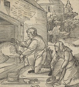 Egy disznót vágó gazda, a Hymmelwagen auff dem, wer wol leben...-ből, 1517. alkotó: Hans Schäufelein the Elder