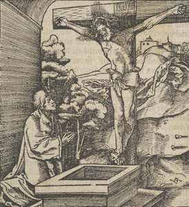 Egy ember, aki egy feszület előtt imádkozik, a Hymmelwagen auff dem, wer wol Leben...-ből, 1517. alkotó: Hans Schäufelein the Elder
