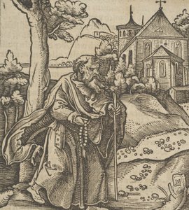 Egy öreg zarándok jobbra sétál, a Hymmelwagen auff dem, wer wol Leben...-ből, 1517. alkotó: Hans Schäufelein the Elder