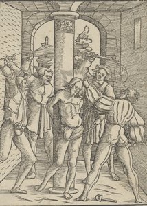 Krisztus megkorbácsolt, Jézus Krisztus tanítása, élete és szenvedése, 1537-ből. alkotó: Hans Schäufelein the Elder