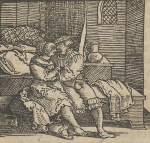 Spinneloccio egy ládába zárva, amelyen felesége és Zeppa ül, a The...-ből, 1534 előtt. alkotó: Hans Schäufelein the Elder