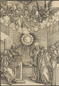 A szerző írója a Layenspiegel-t, a Szentháromságot és a Szűzanyát a felső központban, 1511-ből .... alkotó: Hans Schäufelein the Elder