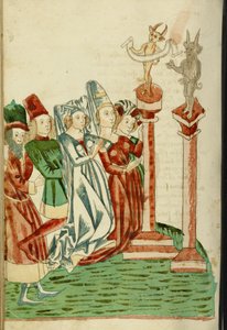 Férfiak és nők egy csoportja két bálványt imád, 1469 (tinta, mosás és tempera papíron)