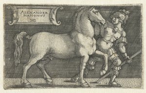 Nagy Sándor lovával, Bucephalusszal Alexander Mangnvs (cím a tárgyon) alkotó: Hans Sebald Beham