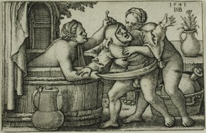 Buffoon és két fürdőző nő alkotó: Hans Sebald Beham