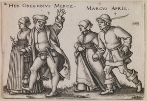 "Március és április" a "A parasztok ünnepe vagy A tizenkét hónap" című sorozatból. alkotó: Hans Sebald Beham