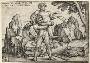 Herkules munkássága: Herkules összetöri Antaeust, 1545. alkotó: Hans Sebald Beham