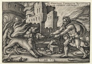 Herkules munkássága: Herkules kirángatja Cerberust az alvilágból, 1545. alkotó: Hans Sebald Beham