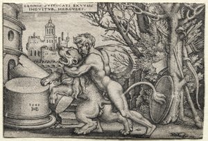 Herkules munkássága: Herkules, aki megfojtja a nemeai oroszlánt alkotó: Hans Sebald Beham