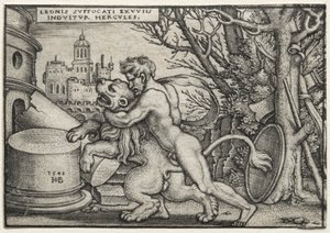 Herkules munkássága: Herkules, aki megfojtja a nemeai oroszlánt alkotó: Hans Sebald Beham