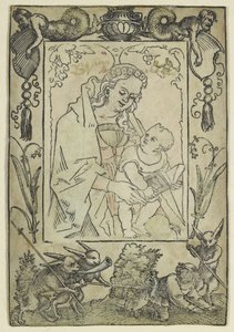A Szűz és a Gyermek határvonallal körülvéve egy Vadász és néhány nyúl (fametszet, túlhajszolt akvarellel, pergamenre nyomtatva) alkotó: Hans Sebald Beham