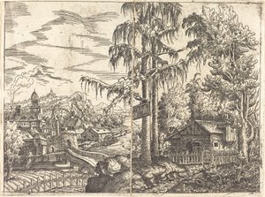 Táj, kilátással egy gazdakunyhóra és egy folyó melletti városra, 1551.