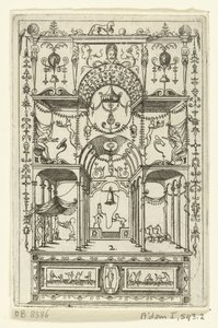Driebeukig open bouwwerk met twee etages op een talapzaton James Androuetius Du Cerceau, a feltaláló nem néhány éve írta (...) (sorozat címe) alkotó: Hans Sibmacher
