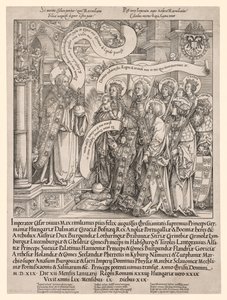 Maximilian császár, akit védőszentjei mutattak be a Mindenhatónak, 1519.
