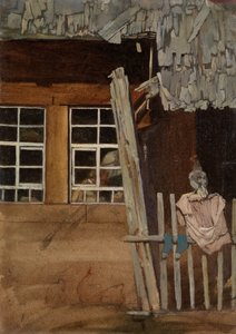 Parasztház sarka kerti kerítéssel és tyúkkal alkotó: Hans Thoma