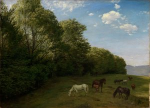 Legelésző lovakkal tarkított táj alkotó: Hans Thoma