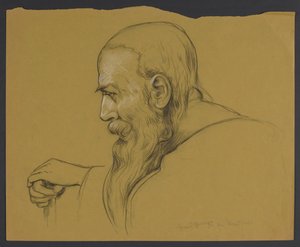 Hosszú szakállú öregember mellszobra, aki mindkét kezével botra támaszkodik, profilból ábrázolva alkotó: Hans Thoma