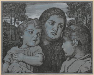A művész feleségének, Celli-nek portréja két gyermekkel táj előtt alkotó: Hans Thoma