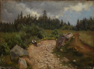 Köves ösvény az erdő szélén, egy ülő férfival alkotó: Hans Thoma