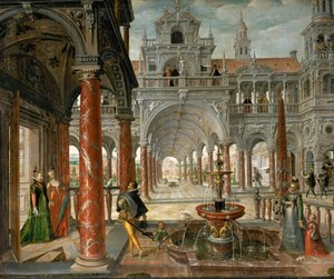 Palota kiemelkedő látogatókkal - Palota kiemelkedő látogatókkal - Hans Vredeman de Vries (Jan de Vriese vagy Friesland Friedman) (1526-1606). Olaj, vászon, c. 1596. Mérete: 137x164 cm. Művészettörténeti Múzeum, Bécs