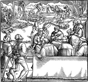 Bírósági ülés. Illusztráció Petrarch Phisicke Against Fortune című könyvéből, 1532 alkotó: Hans Weiditz the Younger