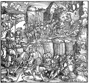 Egy erőd ostroma. Illusztráció Petrarch Phisicke Against Fortune című könyvéből, 1532 alkotó: Hans Weiditz the Younger
