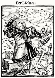 Halál és a nemes, A haláltánc című könyvből, Hans Lutzelburger metszete, 1538 körül alkotó: Hans after Holbein the Younger