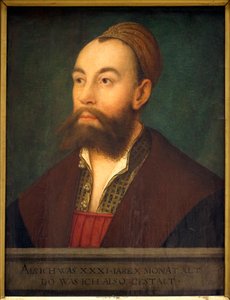 Anton Fugger (1493-1560) bankár portréja (a szövegben: reprezentatív 31 évesen és 10 hónaposan) - Hans Maler dit de Schwaz (1480-1526 vagy 1529) festménye, olaj, vászon, 1525 körül – 16. századi német művészet – Musee des Beaux A