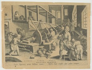 Politura Armorum, Polírozó karok, 17. tábla a Nova Reperta sorozatból, Modern Discoveries, 1588 körül (metszet) alkotó: Hans the younger Collaert