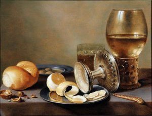 Egyszínű bankett két óntállal, egy felborított ezüst tazza, egy aranyozott kés, egy pohár sörrel, egy pohár borral, egy zsömle kenyérrel, diófélékkel, olajbogyóval és egy félig meghámozott citrommal. alkotó: Hans van Sant