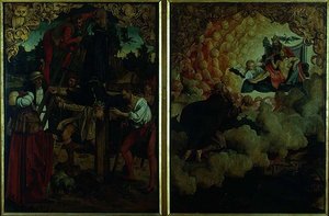 Szent Péter és Pál oltárkép történetei: LtoR Szent Péter keresztre feszítését bemutató részlet, Szent Pál mennybemenetele (olaj, tábla) (részlet) alkotó: Hans von Klumbach